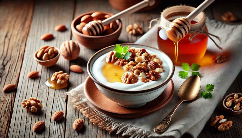 A bowl of Greek yogurt mixed with honey and topped with chopped walnuts and almonds, placed on a white tablecloth with a few scattered nuts and a honey dipper nearby.