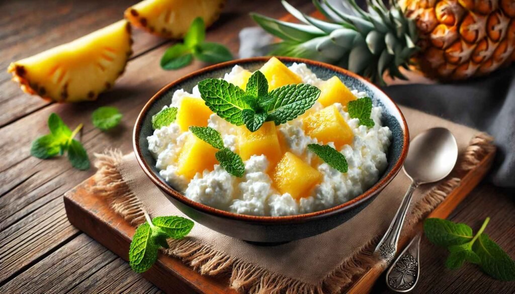  A bowl of cottage cheese mixed with pineapple chunks and topped with a drizzle of honey, placed on a rustic wooden table with a sprig of mint and a glass of orange juice in the background.