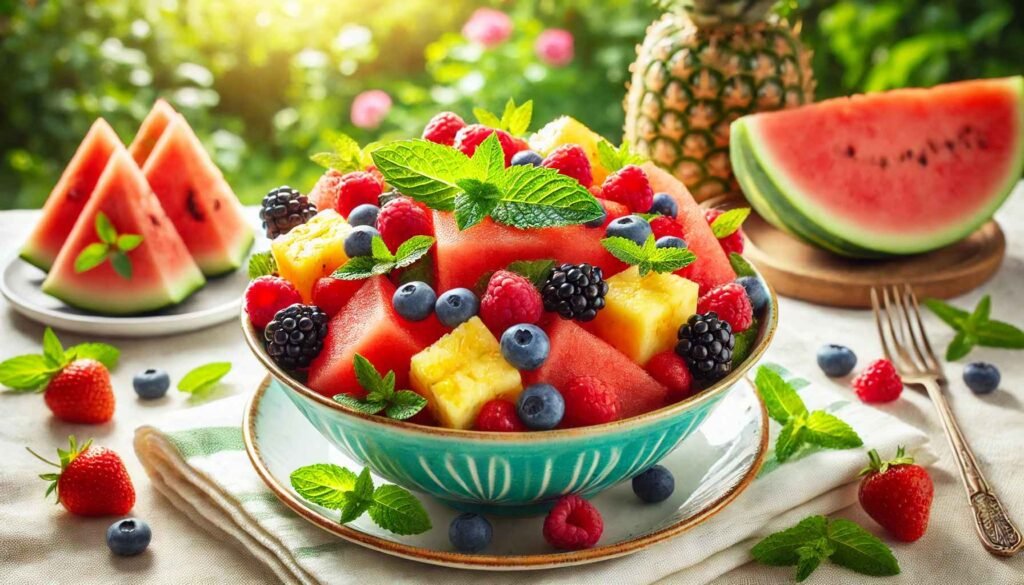 A bowl of fresh fruit salad featuring watermelon, pineapple, and berries, garnished with mint leaves, placed on a white tablecloth with a summer garden backdrop.