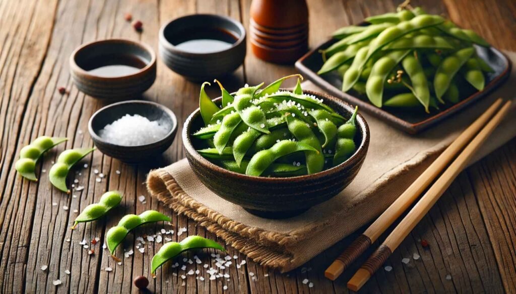  A bowl of steamed edamame beans lightly salted, placed on a bamboo mat with a side of soy sauce and a pair of chopsticks.