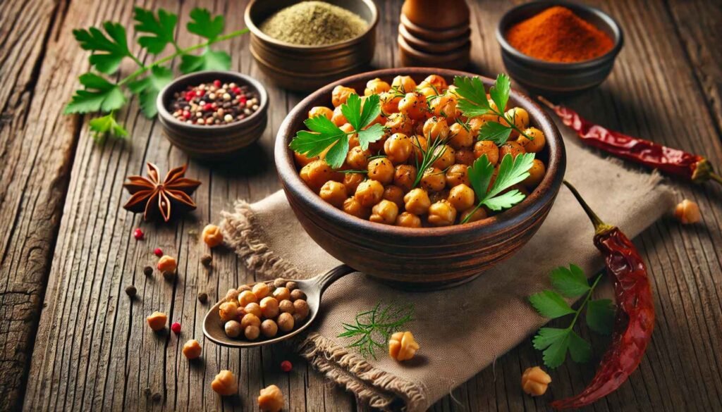  A bowl of seasoned roasted chickpeas garnished with fresh herbs, placed on a rustic table with a spoon and a small bowl of spices beside it.