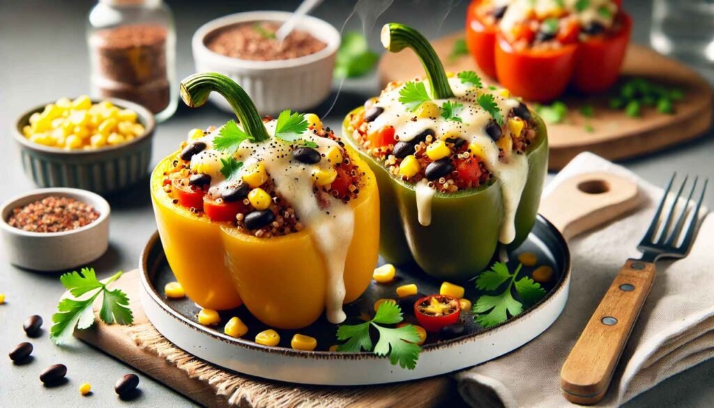  A close-up of stuffed bell peppers on a white plate, filled with quinoa, black beans, corn, and topped with melted cheese, garnished with cilantro, set on a modern dining table.