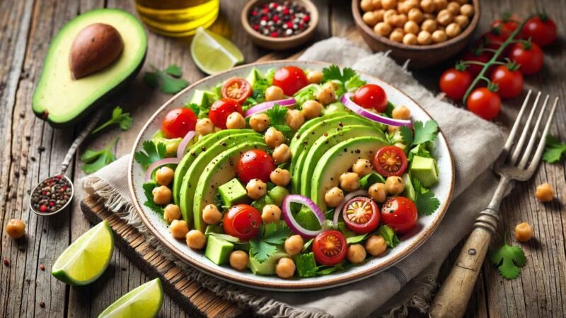 A fresh chickpea and avocado salad, served in a white bowl, featuring diced avocados, chickpeas, cherry tomatoes, red onions, and cilantro, with a light drizzle of lemon vinaigrette, set on a rustic wooden table.