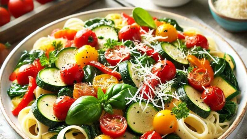 A beautiful veggie-packed pasta dish featuring vibrant vegetables such as cherry tomatoes, bell peppers, zucchini, and spinach, mixed with pasta in a creamy sauce, served in a white bowl with a sprig of basil and a sprinkle of parmesan, set on a rustic wooden table.