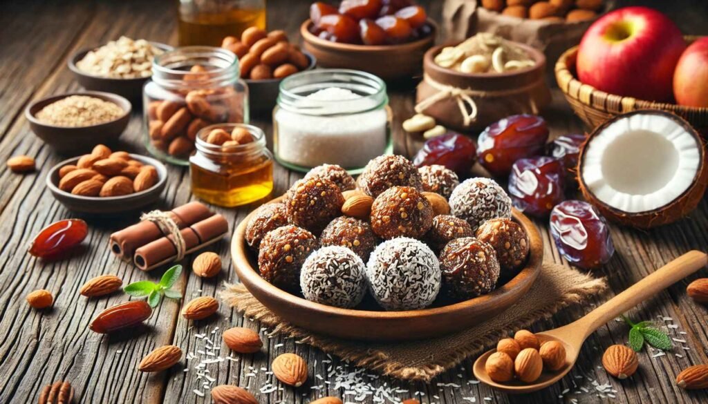 A plate of energy balls made with dates, nuts, and coconut flakes, set on a rustic wooden table with ingredients like dates and nuts around.