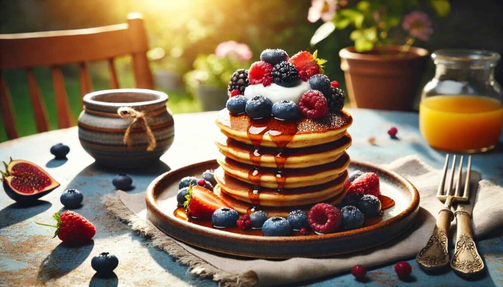  A stack of protein pancakes with a side of Greek yogurt, topped with fresh berries and a drizzle of maple syrup, served on a rustic ceramic plate with a background of a sunlit garden table.