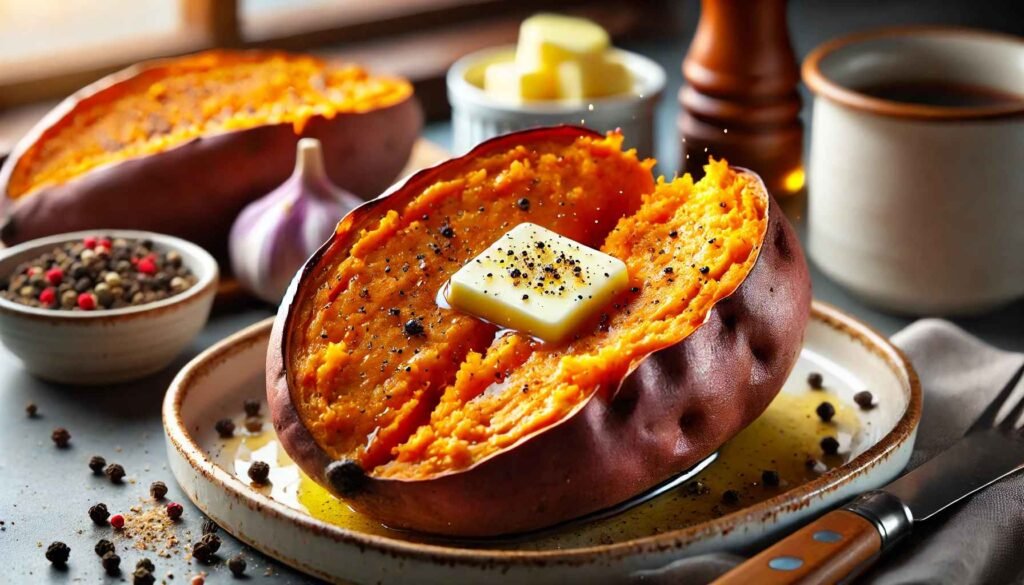  A close-up view of perfectly baked sweet potatoes split open with melted butter and a sprinkle of black pepper, highlighting the soft interior and crispy skin, with a rustic kitchen setup featuring spices and a teapot in the background.