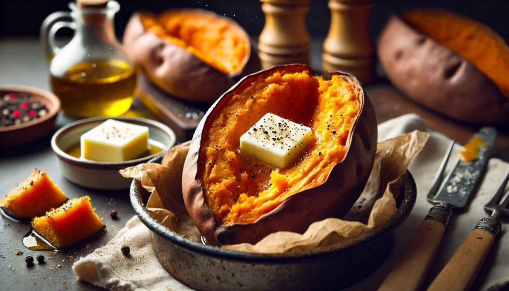 A close-up view of perfectly baked sweet potatoes split open with melted butter and a sprinkle of black pepper, showcasing the tender interior and crispy skin, with a cozy kitchen background including a knife and a fork.